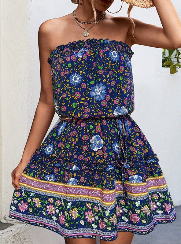 Bohemian Floral Print Bandeau Mini Dress