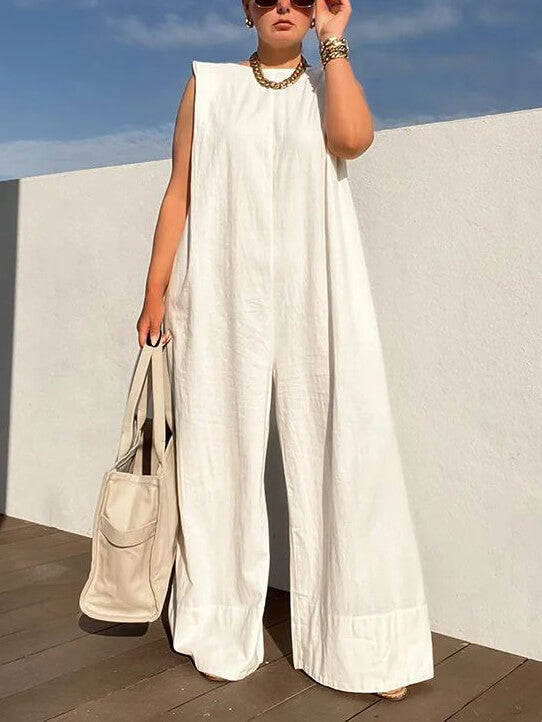 Effen kleur losse casual mouwloze ronde hals wijde pijpen broek jumpsuit