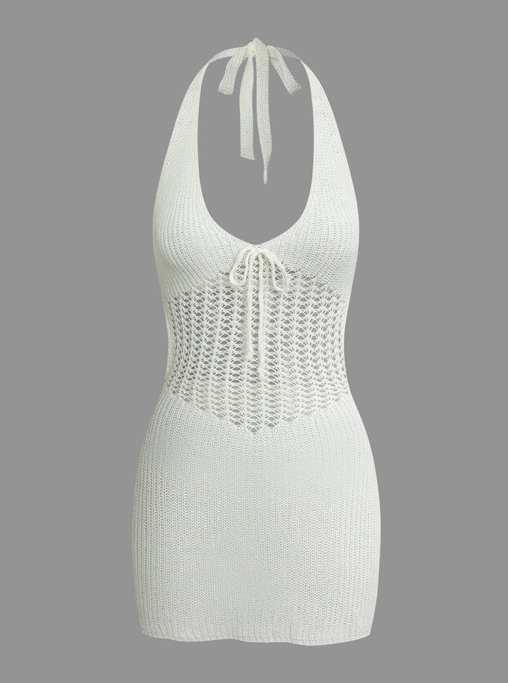 Dzianinowa sukienka mini z odkrytymi plecami, szydełkowana na szyi i bez pleców