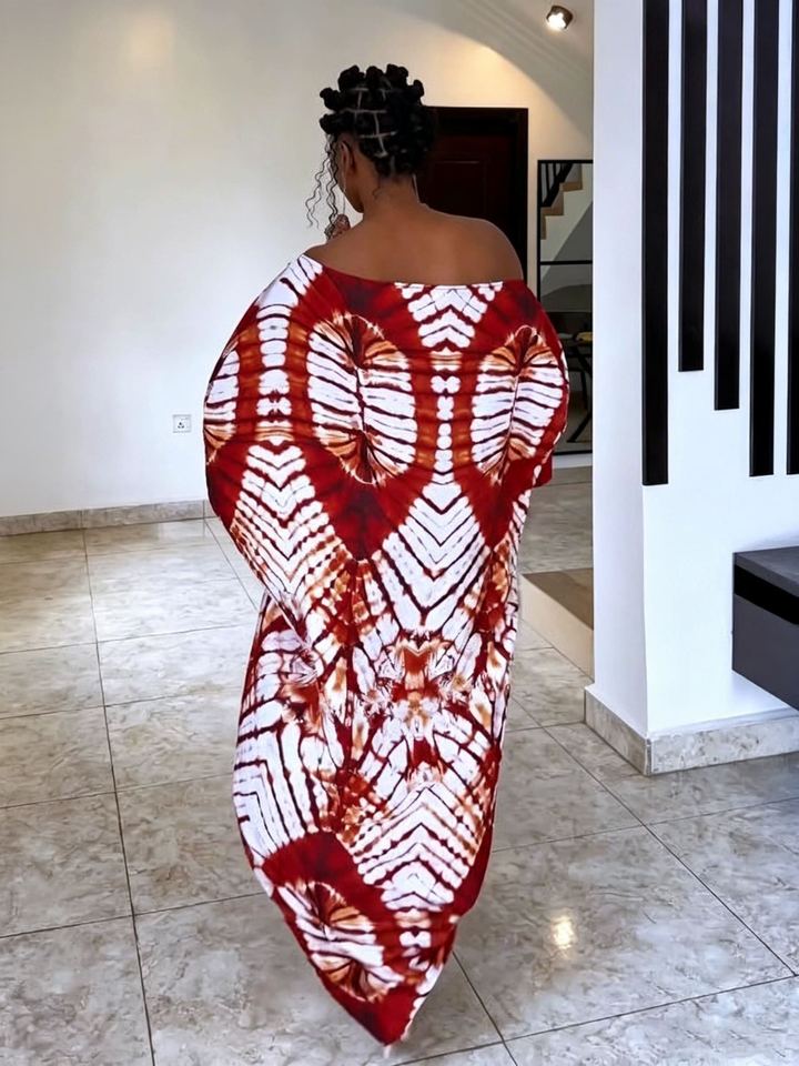 Vestido largo de hombros descubiertos con estampado radial