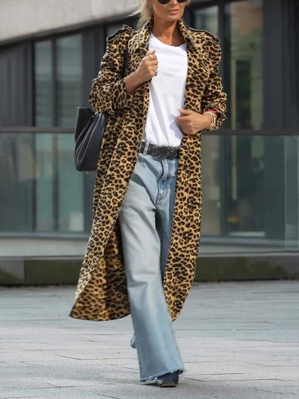 Unique Be Free Leopard Print Long Sleeve Loose Midi Trench Coat