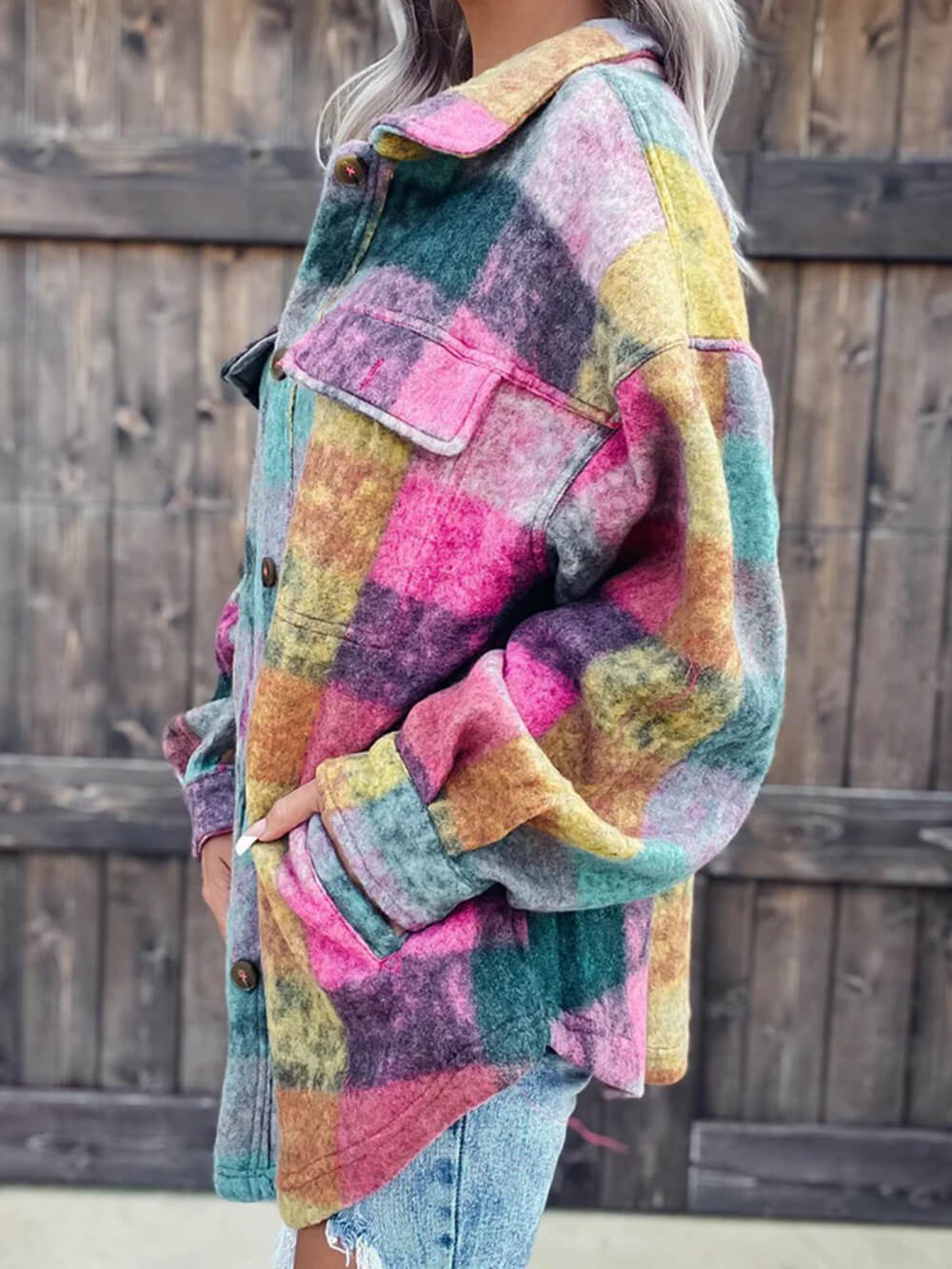 Palton de lână color-bloc cu rever cu un singur piept