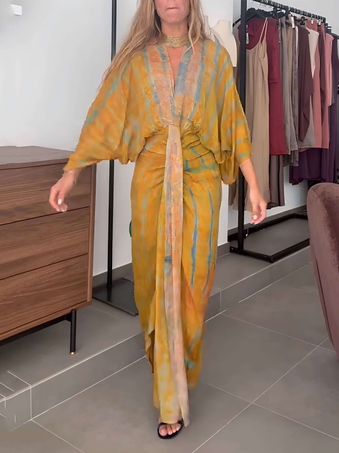 Kimono-stil trykt kjole