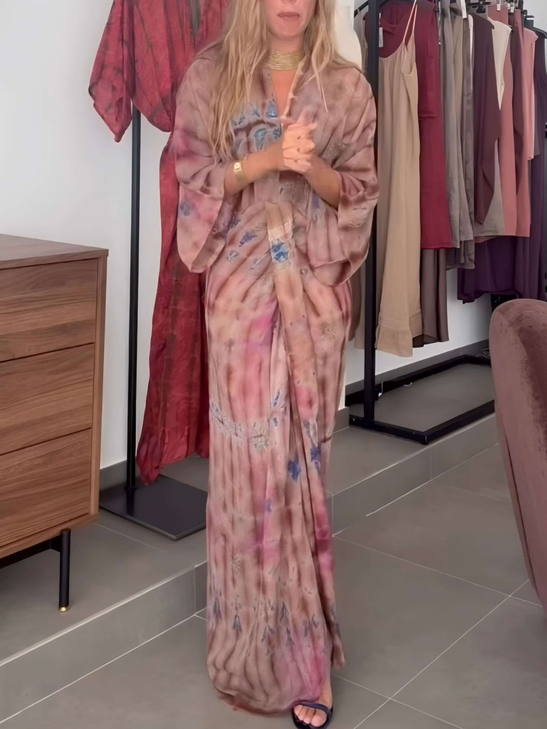 Kimono-stil trykt kjole