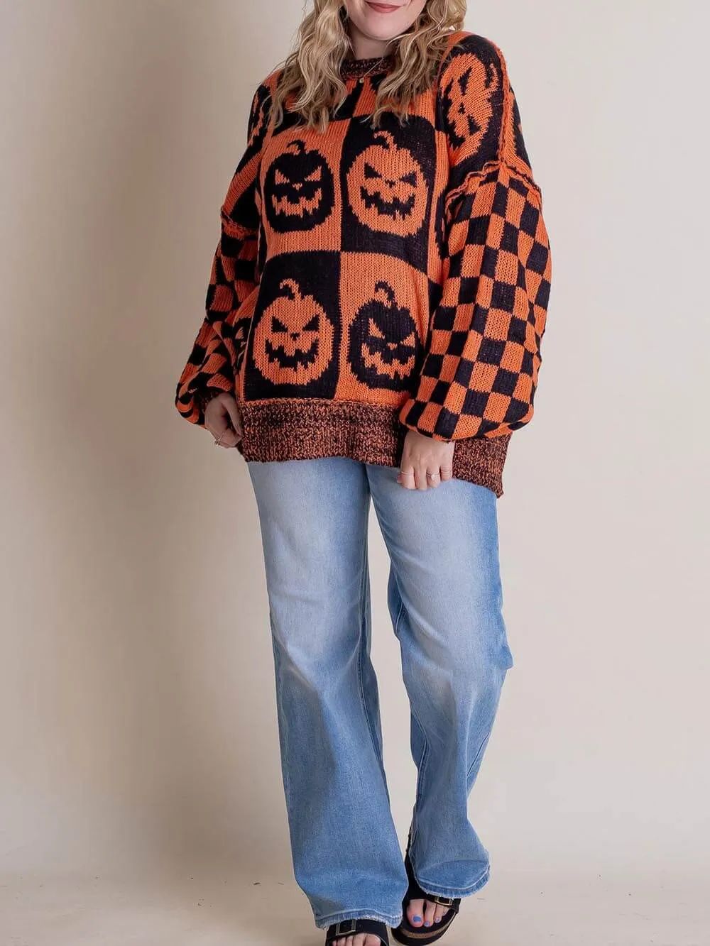 Halloween Jack-O-Lantern plaid sweater