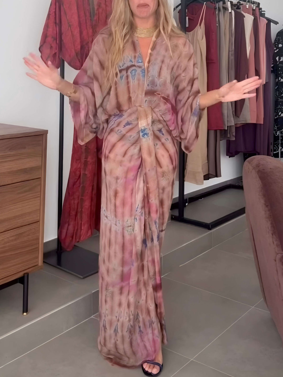 Kimono-stil trykt kjole