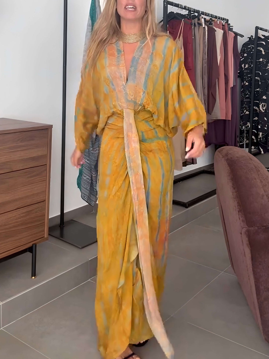 Kimono-stil trykt kjole