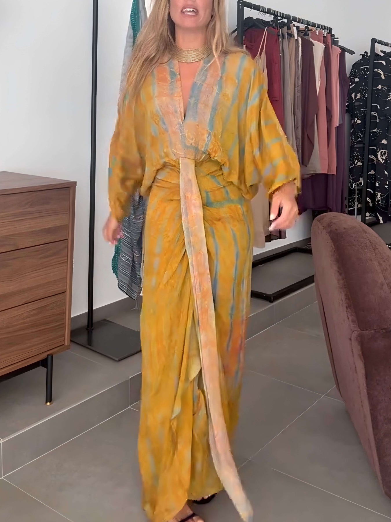 Kimono-stil trykt kjole