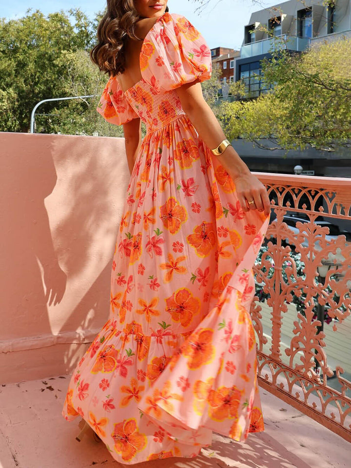 Floral Print Puff Sleeve Sa likod na may naka-smock na Pocket Maxi Dress
