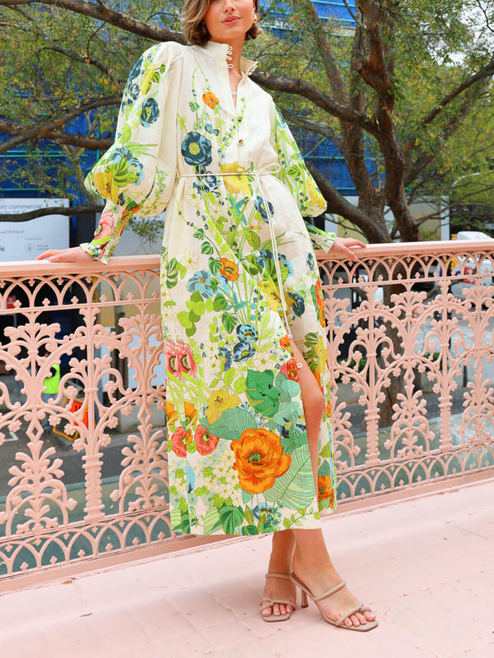 독특한 프린트 랜턴 슬리브 크림 카디건 스타일 셔츠 드레스