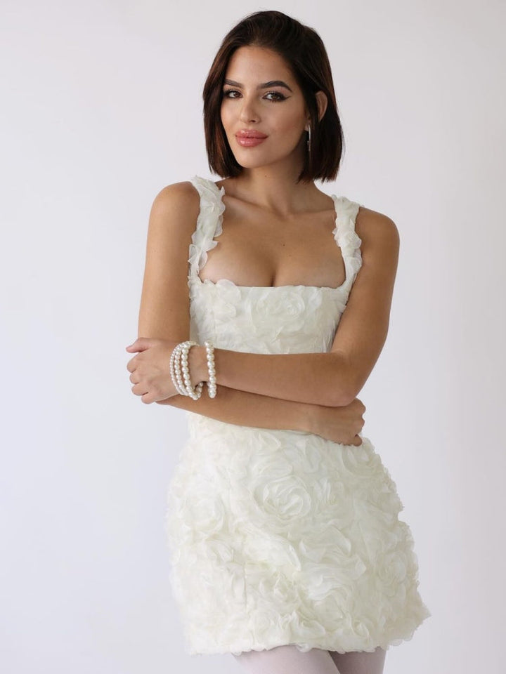 Korset mini-jurk met bloemenapplicaties in wit
