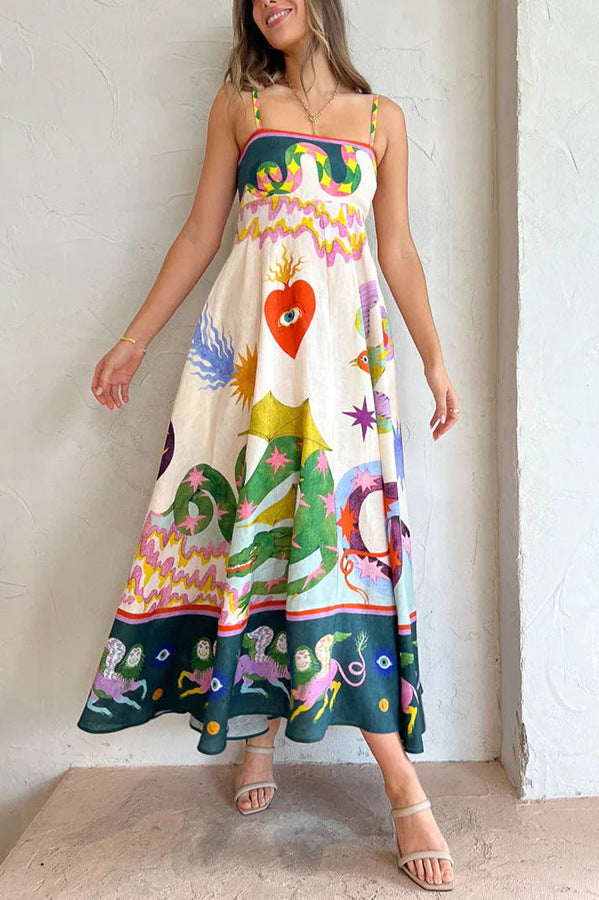 लिनन ब्लेंड यूनिक प्रिंट स्मोक्ड बैक पॉकेटेड मिडी ड्रेस