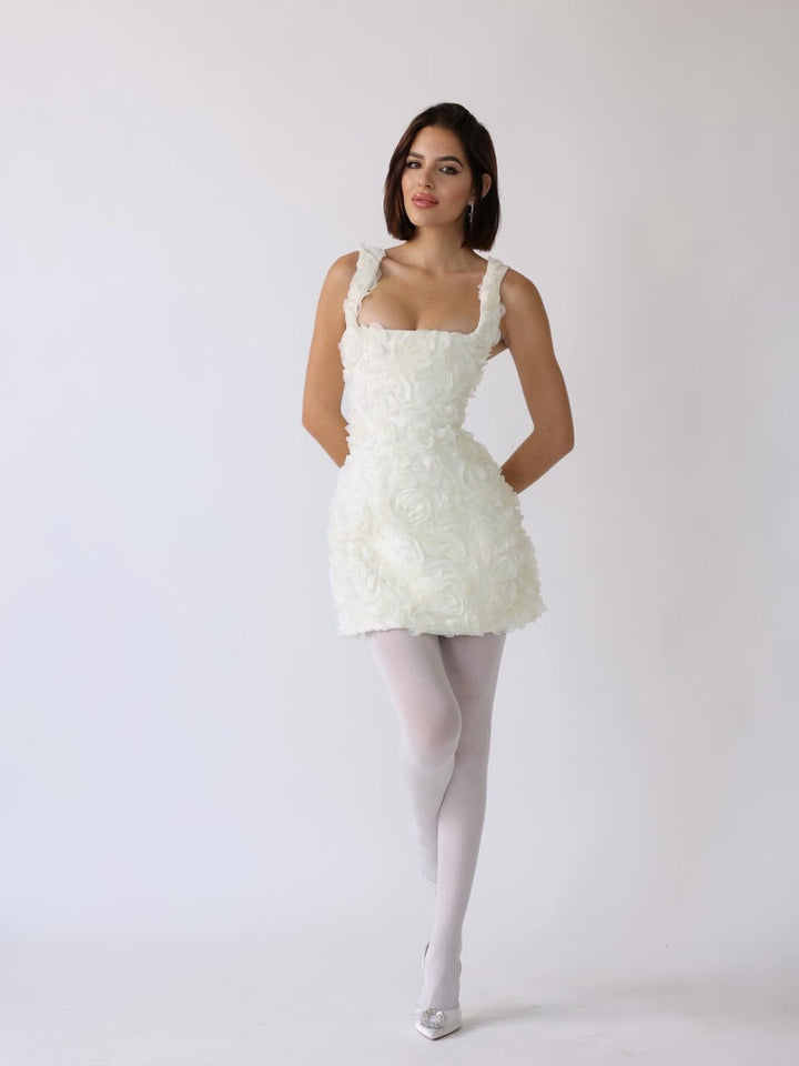 Korset mini-jurk met bloemenapplicaties in wit