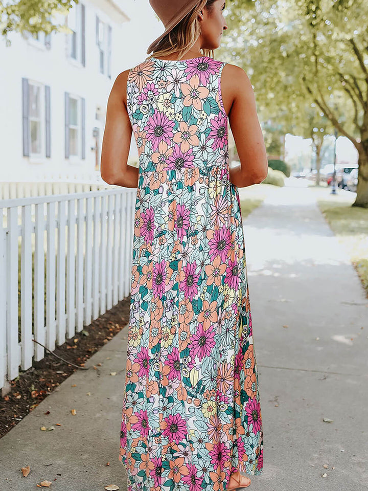 Kolsuz Maxi Elbise: Yüksek Bel Hippi Çiçek