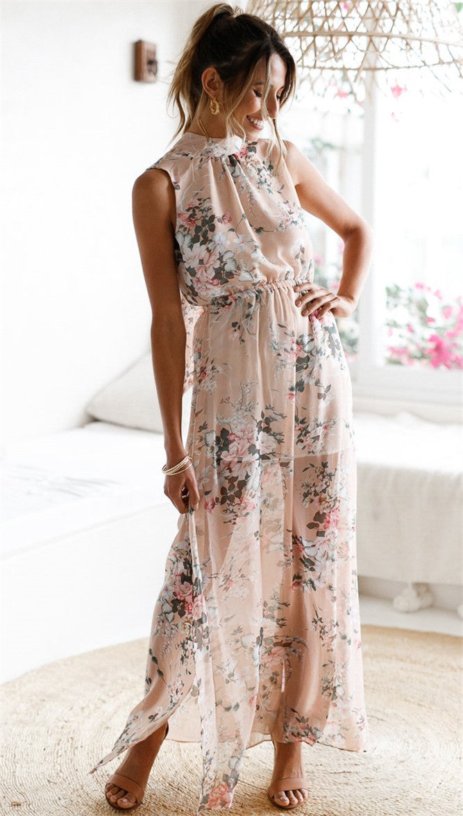 핑크 스모크 플로럴 프린트 홀터 드레스