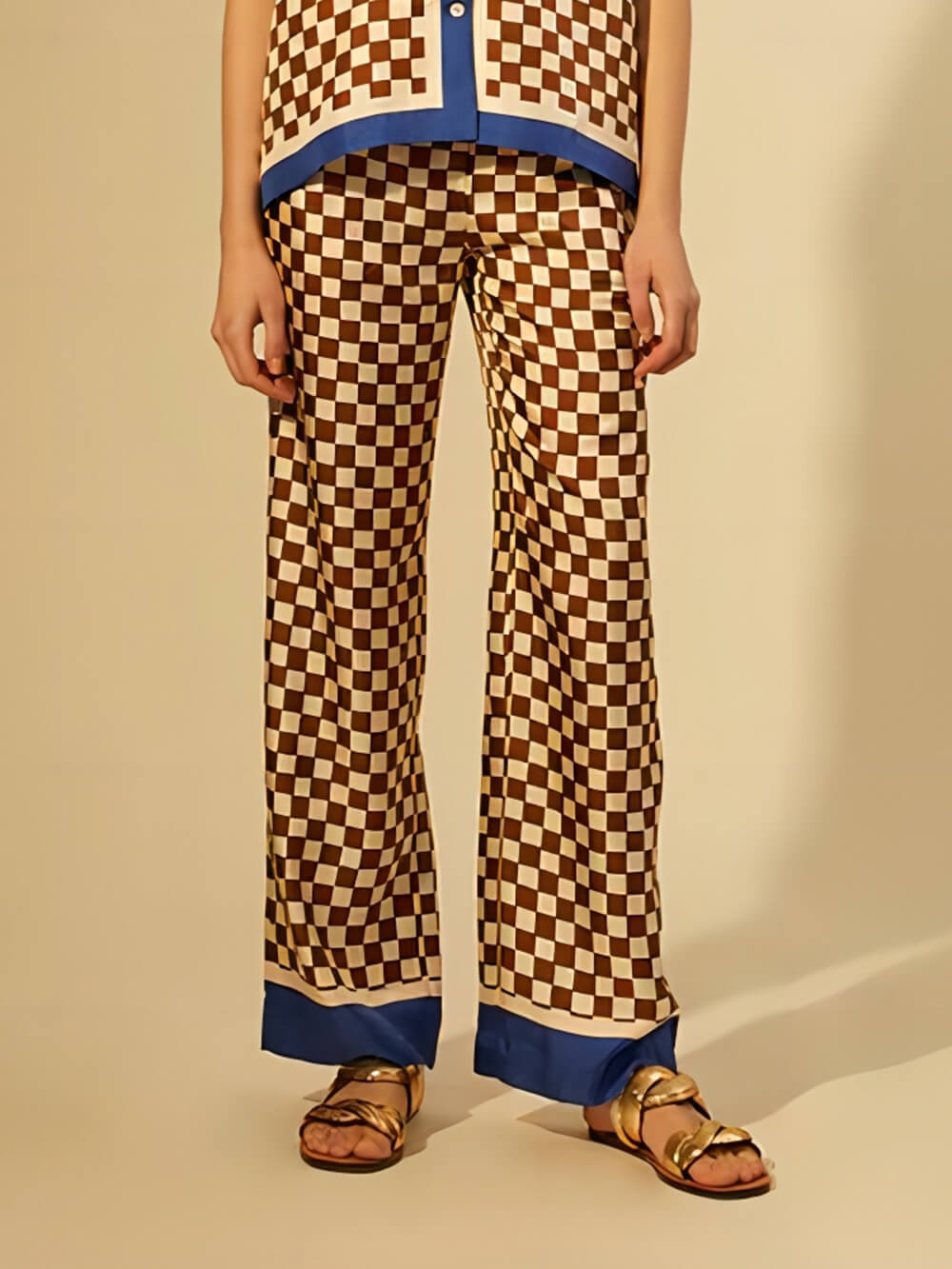 Natatanging Checkerboard Print Blue Stripe Splicing Loose Elastic Pants-Set
