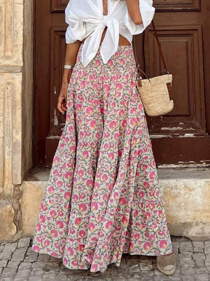 تنورة بوهو ماكسي بطباعة زهور وردية