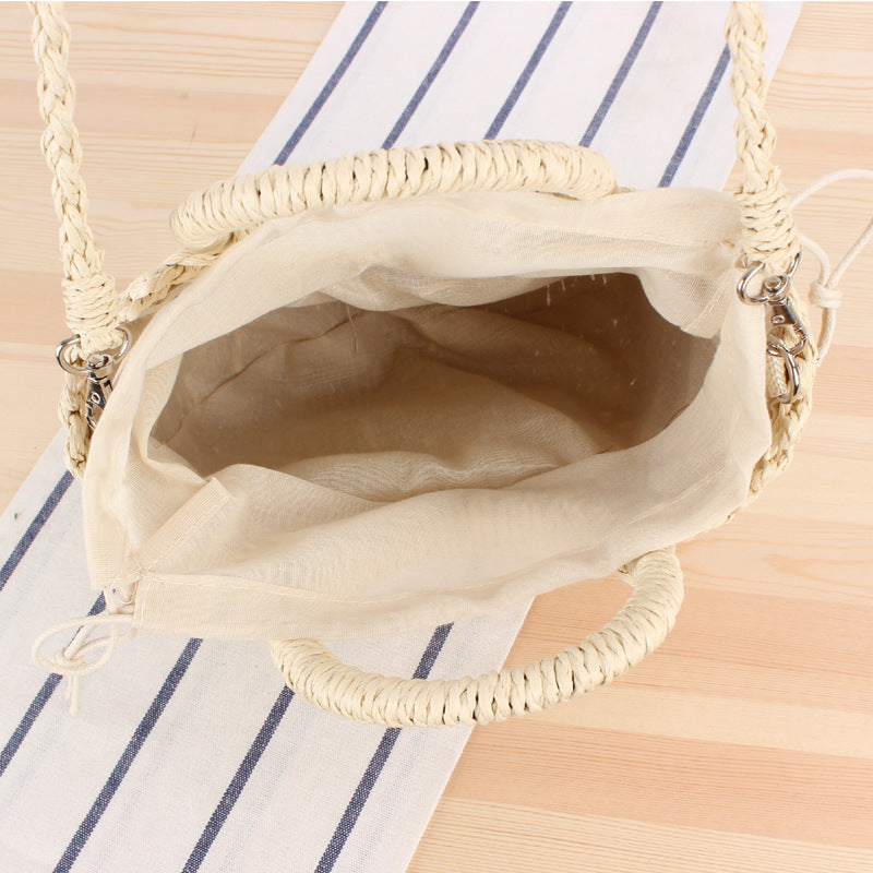 Vintage Coin Buckle Handbag: Woven Cotton Rope na may Round Rattan Handle at Diamond Hollow Pattern