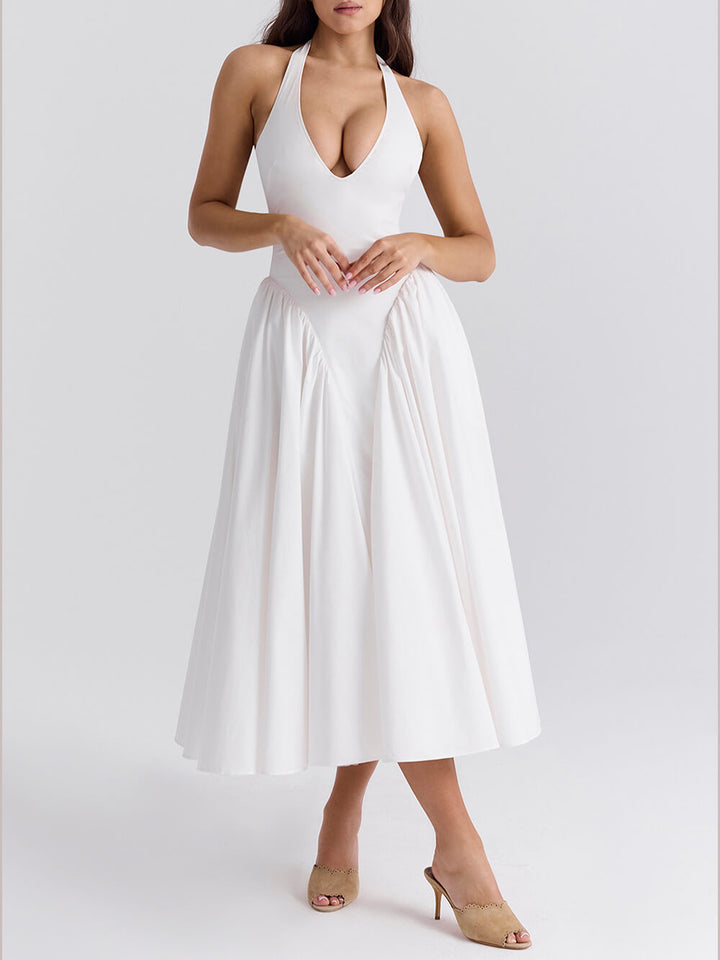 Φορέματα με πλισέ ράψιμο βαθύ V λαιμόκοψη μέσης μονόχρωμα μίντι φορέματα