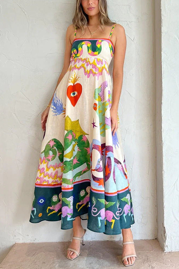 리넨 블렌드 독특한 프린트 스목 백 포켓 미디 드레스
