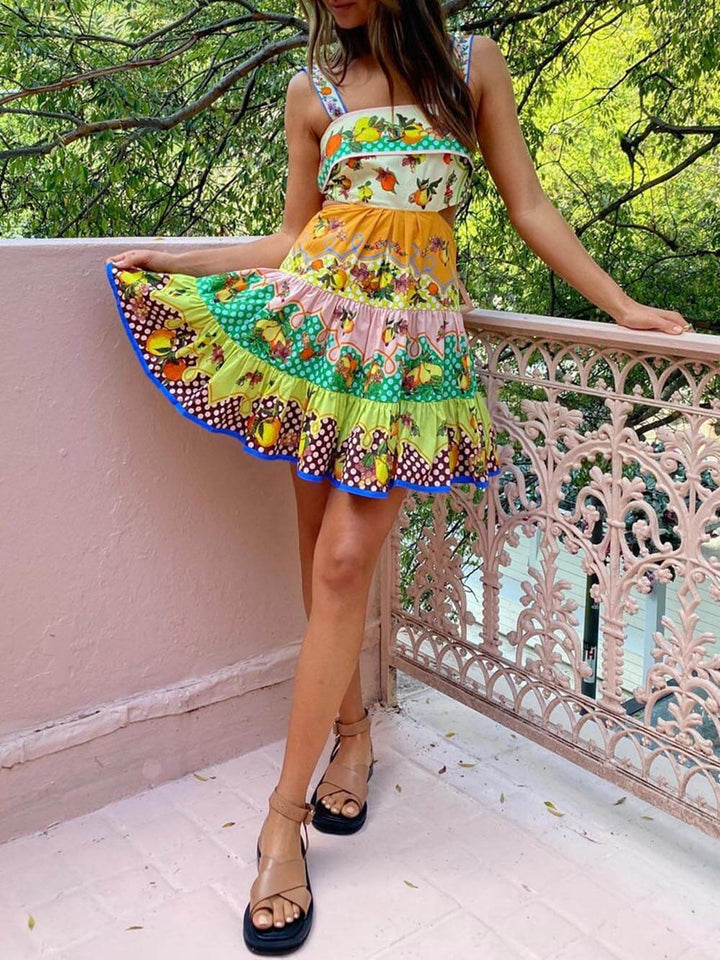 Mini-robe d'été multicolore à ourlet pré-pré-citron