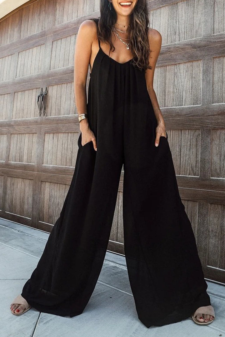 Solid Patchwork Spaghetti Strap Oversized Maxi Jumpsuit Sa Itim