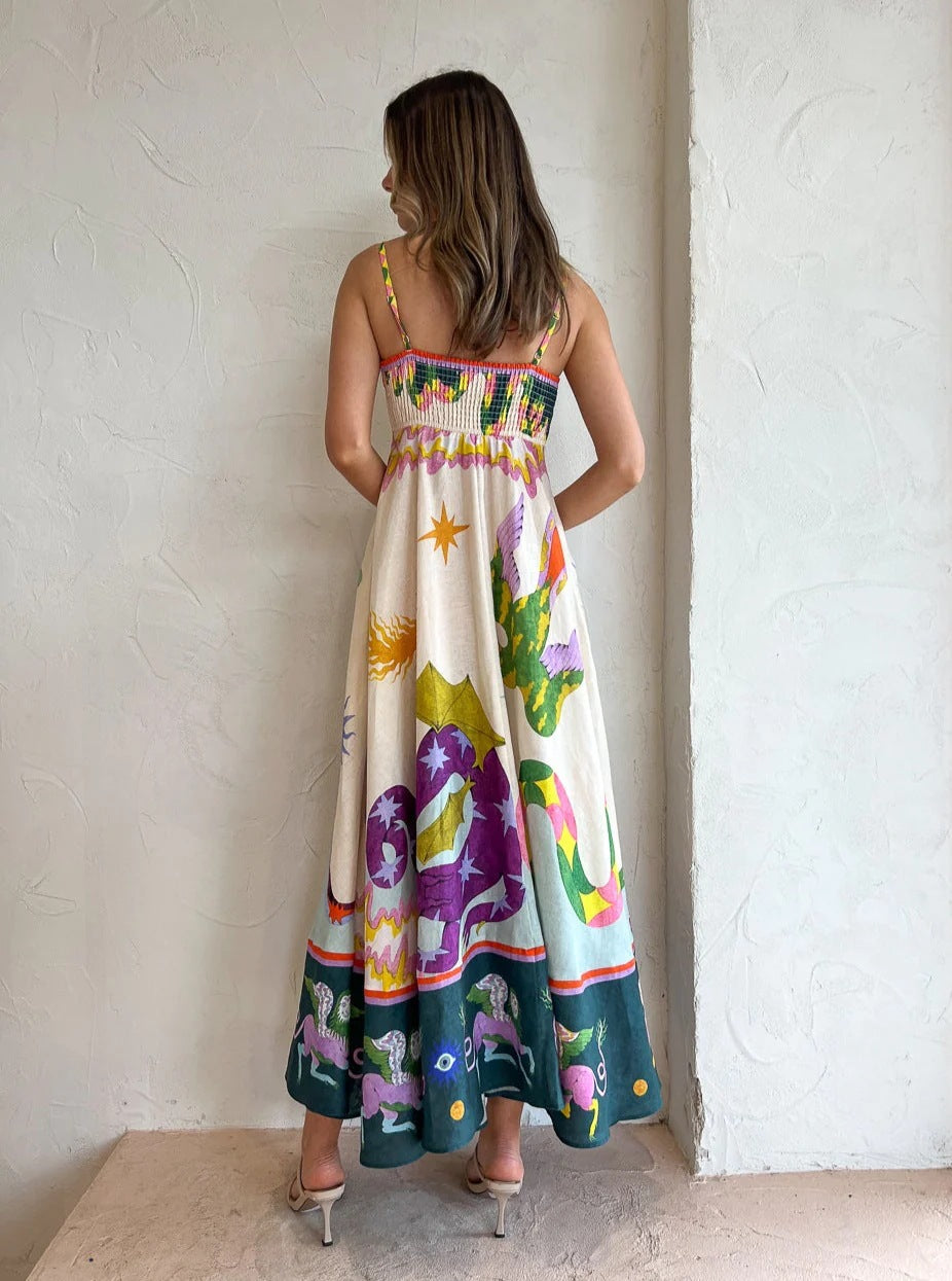 Sukienka midi z mieszanki lnu i wyjątkowym nadrukiem, z marszczonymi kieszeniami z tyłu