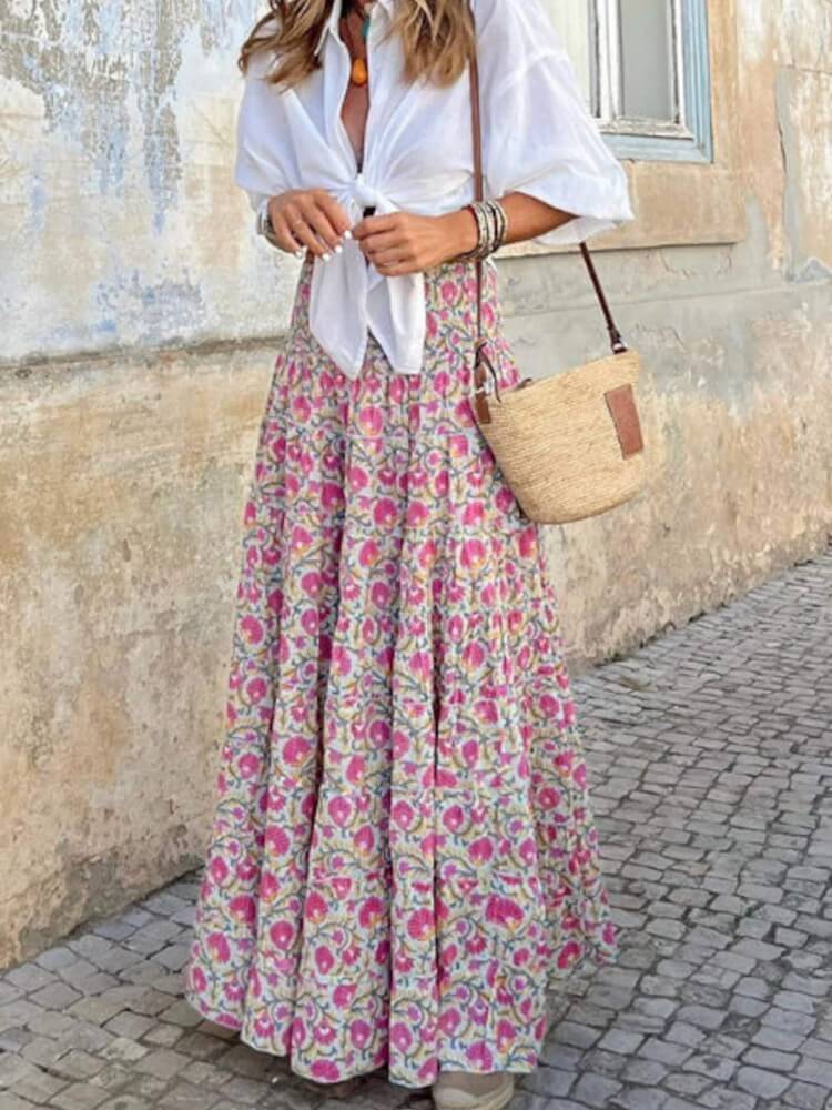 تنورة بوهو ماكسي بطباعة زهور وردية