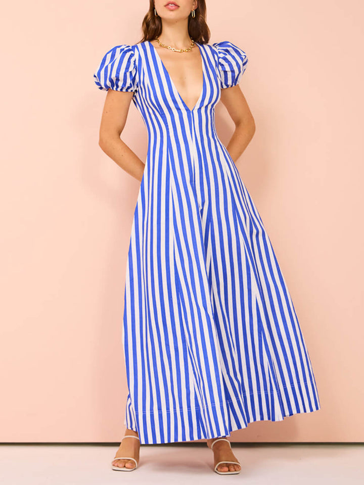 Bubble Sleeve In Stripe Wavy Maxi Dress