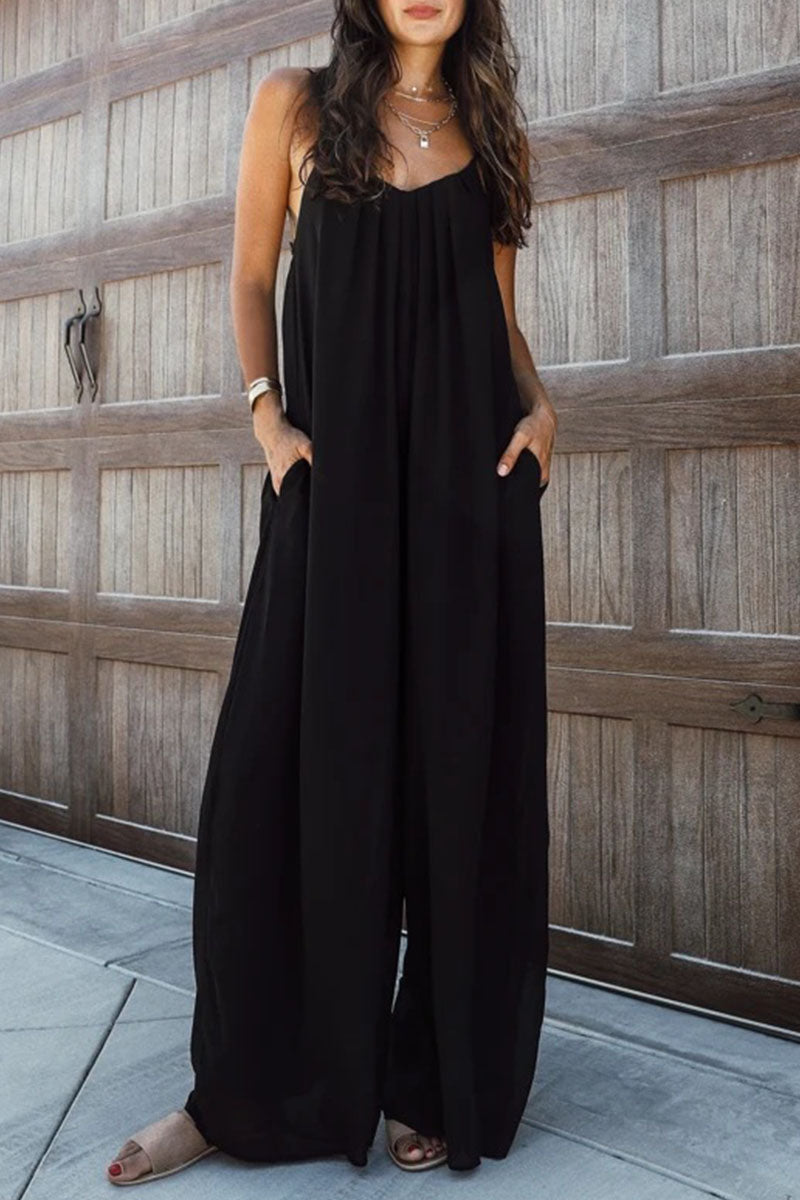 Solid Patchwork Spaghetti Strap Oversized Maxi Jumpsuit Sa Itim