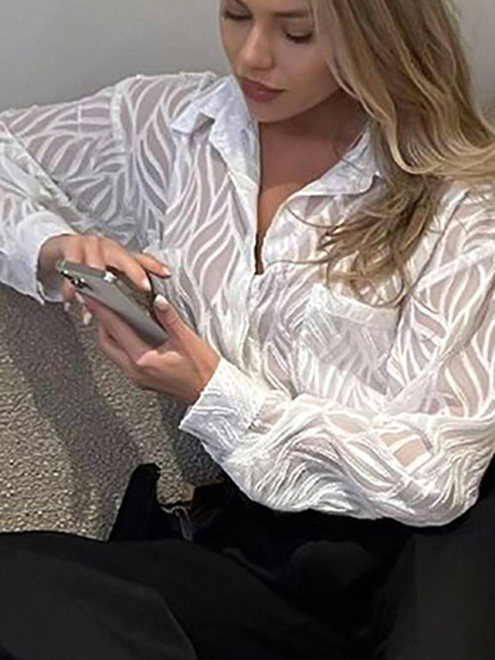 Mga White Women Blouse na Manipis na Lapel Elegant Long Sleeve Shirt