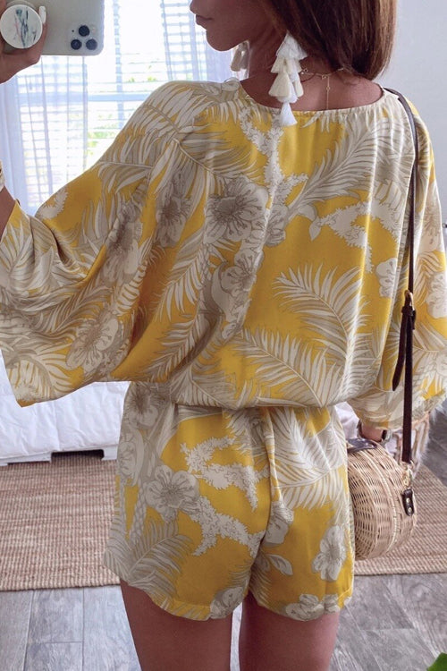Kimono V Neck Leaf Print na Nakabalot na Batwing Romper Sa Dilaw