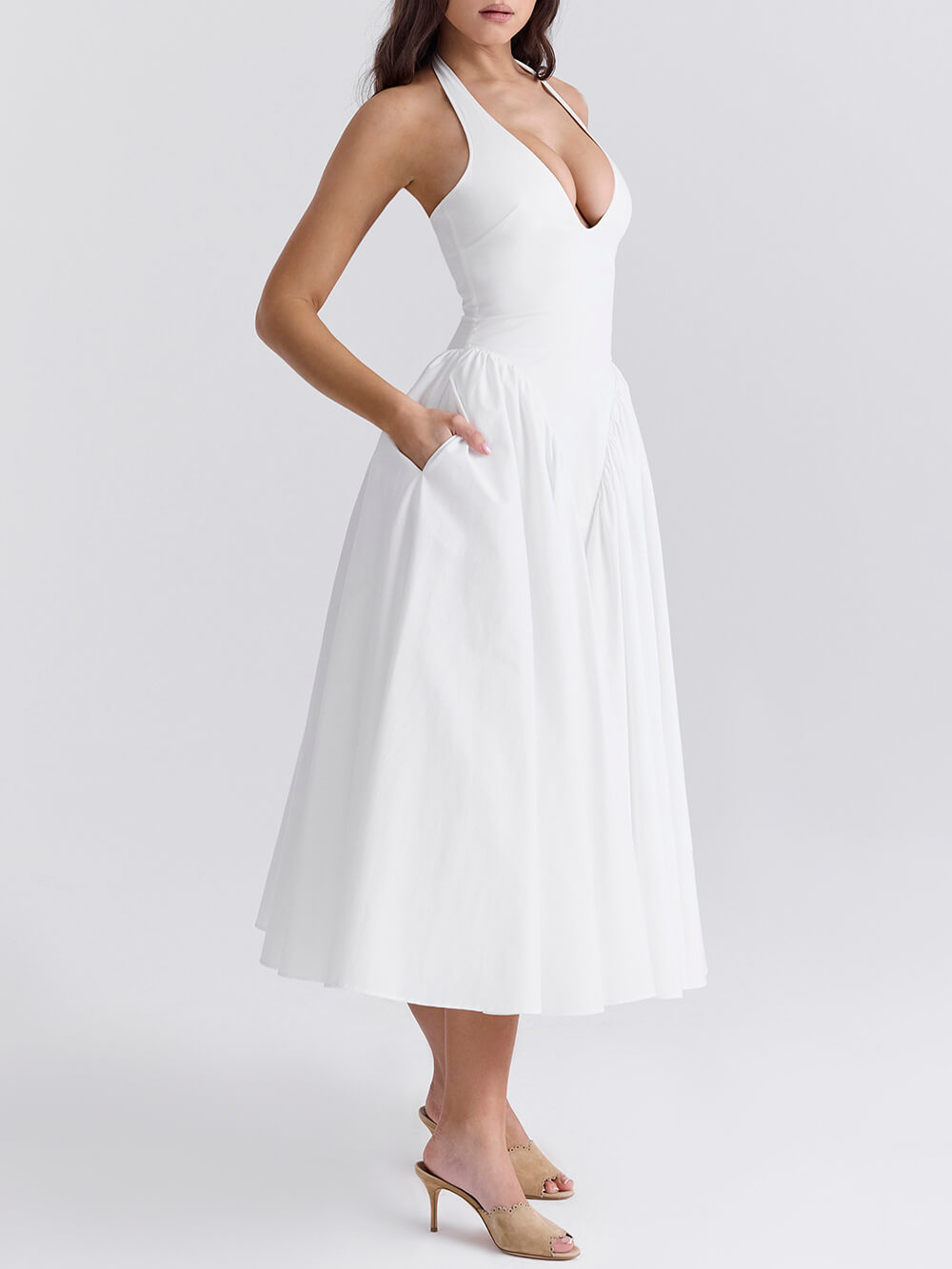 Φορέματα με πλισέ ράψιμο βαθύ V λαιμόκοψη μέσης μονόχρωμα μίντι φορέματα