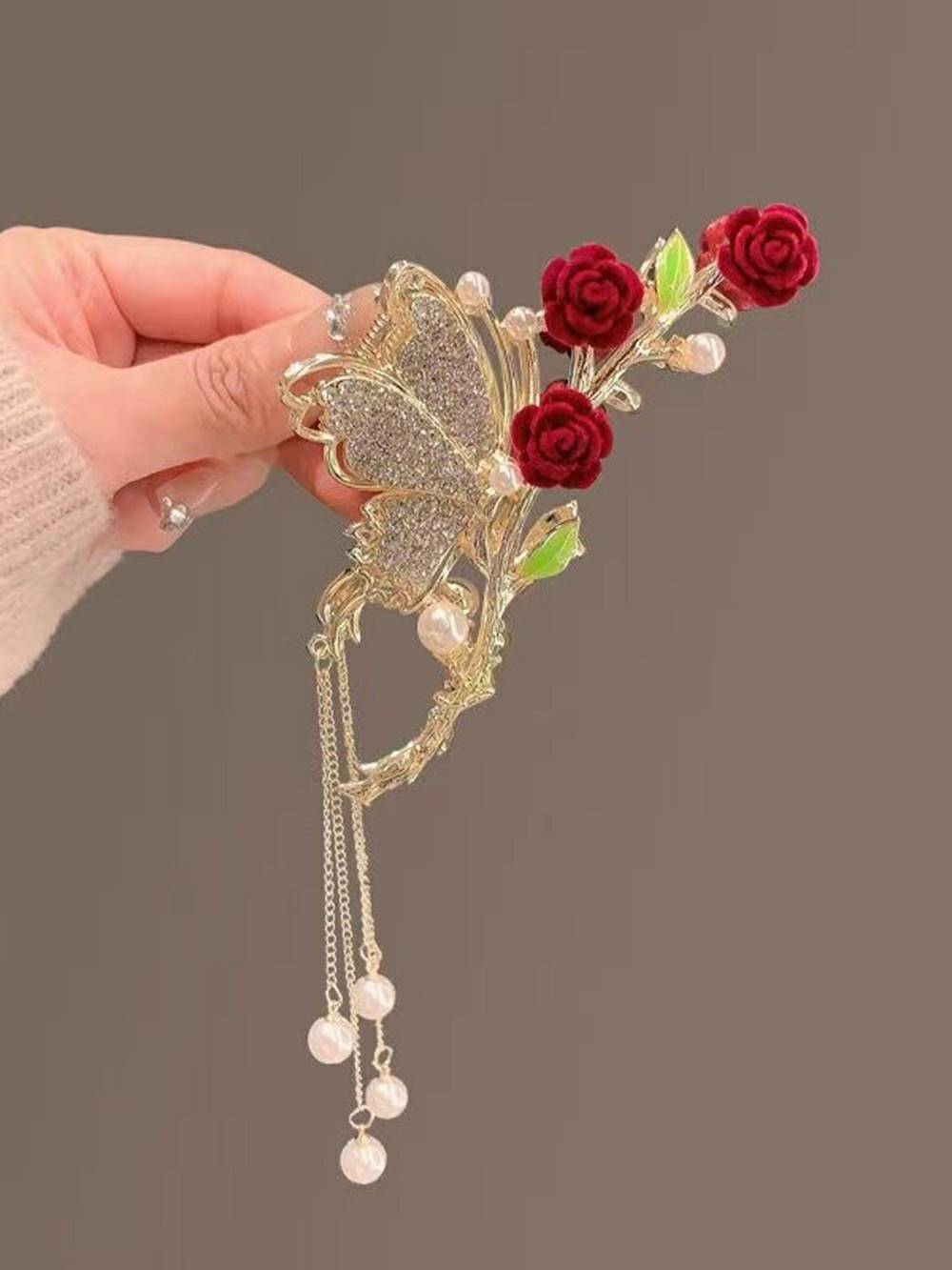 Red Rose Hair Clip med Tassel Shark Clip