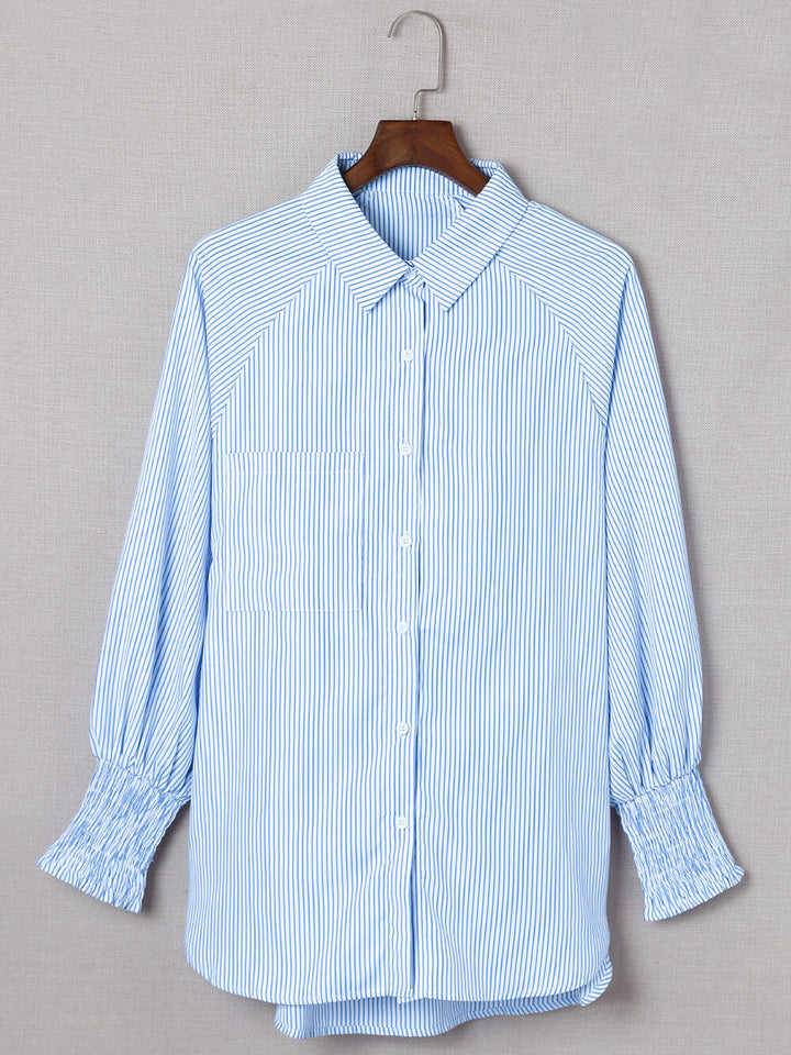 Sky Blue Smocked Cuffed Striped Boyfriend Shirt na may Pocket