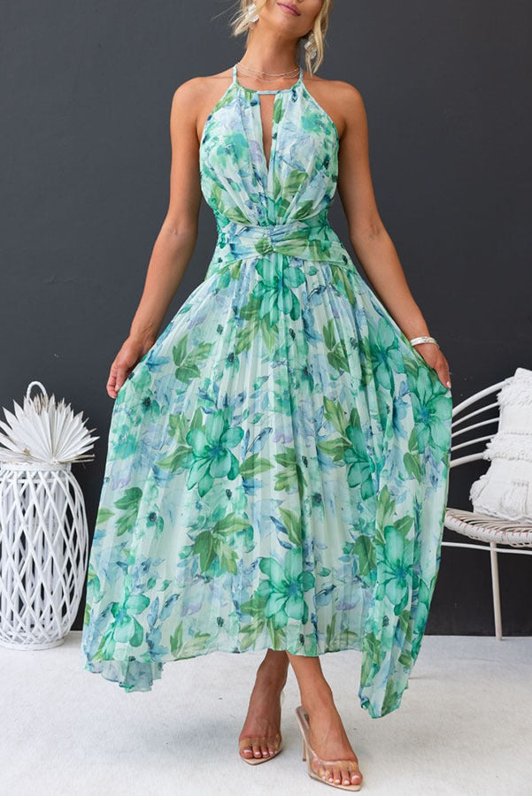 Aqua Floral Print Halter Cutout Neck Pleated Maxi Dress Boiilife Aqua Floral Print Halter Cutout Neck Pleated Maxi Dress Boiilife