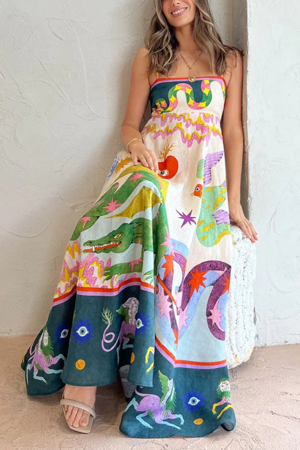 Sukienka midi z mieszanki lnu i wyjątkowym nadrukiem, z marszczonymi kieszeniami z tyłu