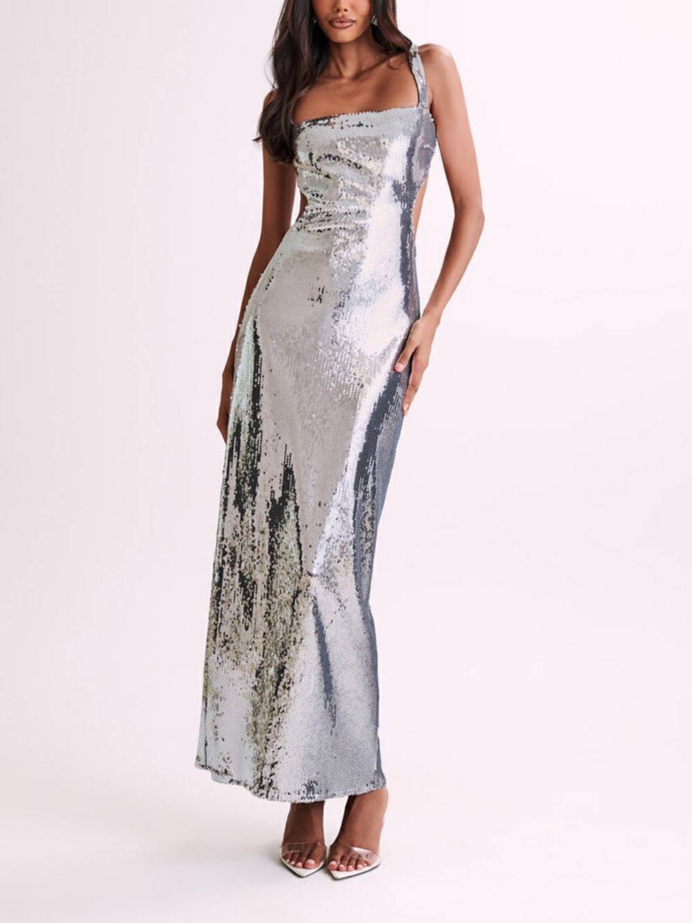 Robe longue découpée à sequins - Argent