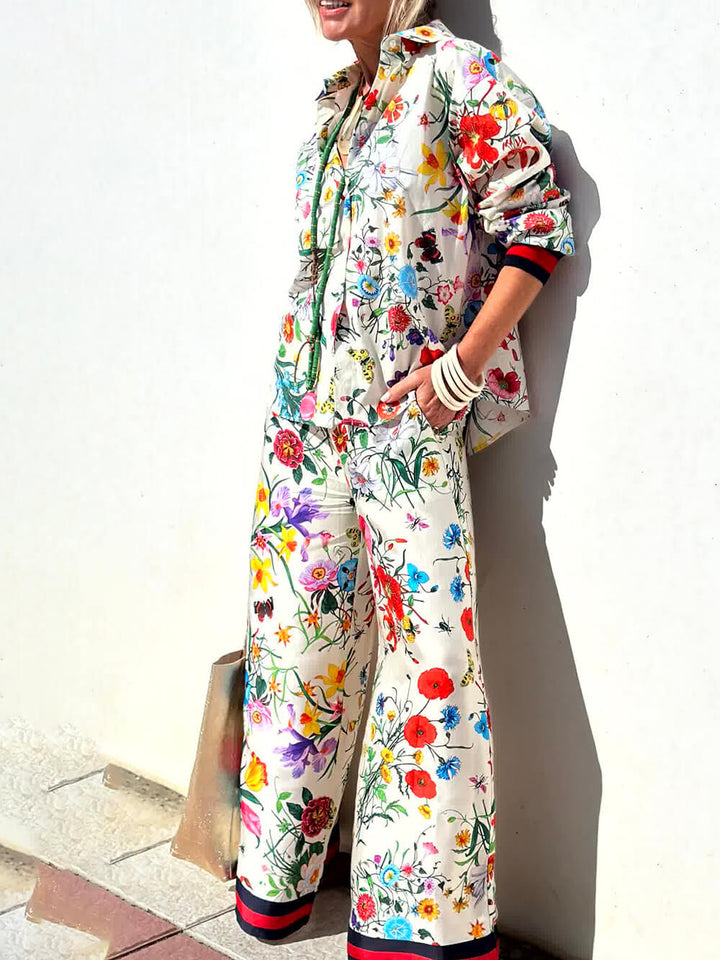 Conjunto de calças largas com estampa floral exclusiva na cintura elástica e bolsos