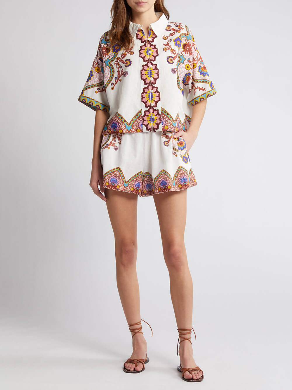 Ethnic Floral Print Shirt At Shorts Suit