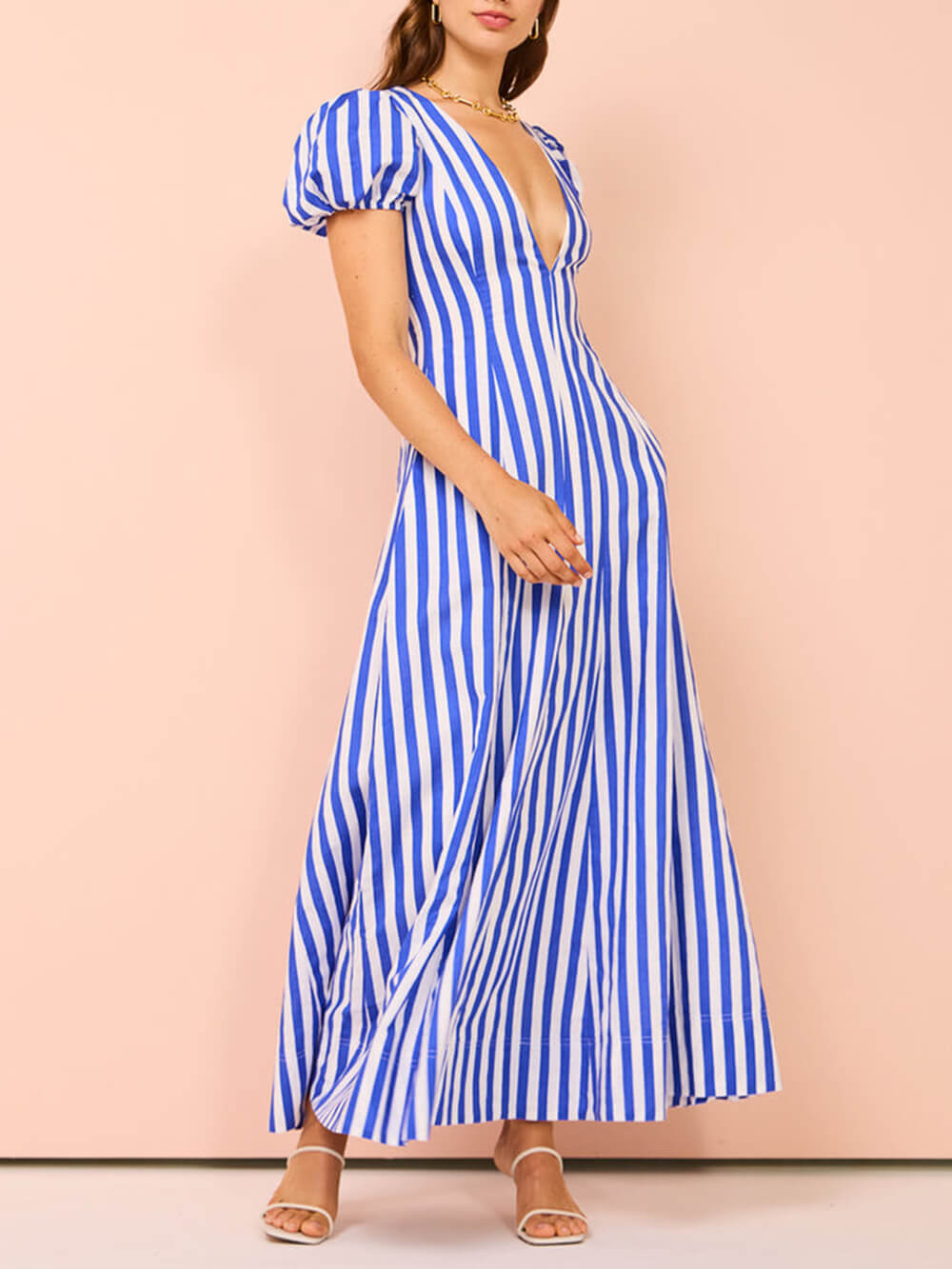 Bubble Sleeve In Stripe Wavy Maxi Dress