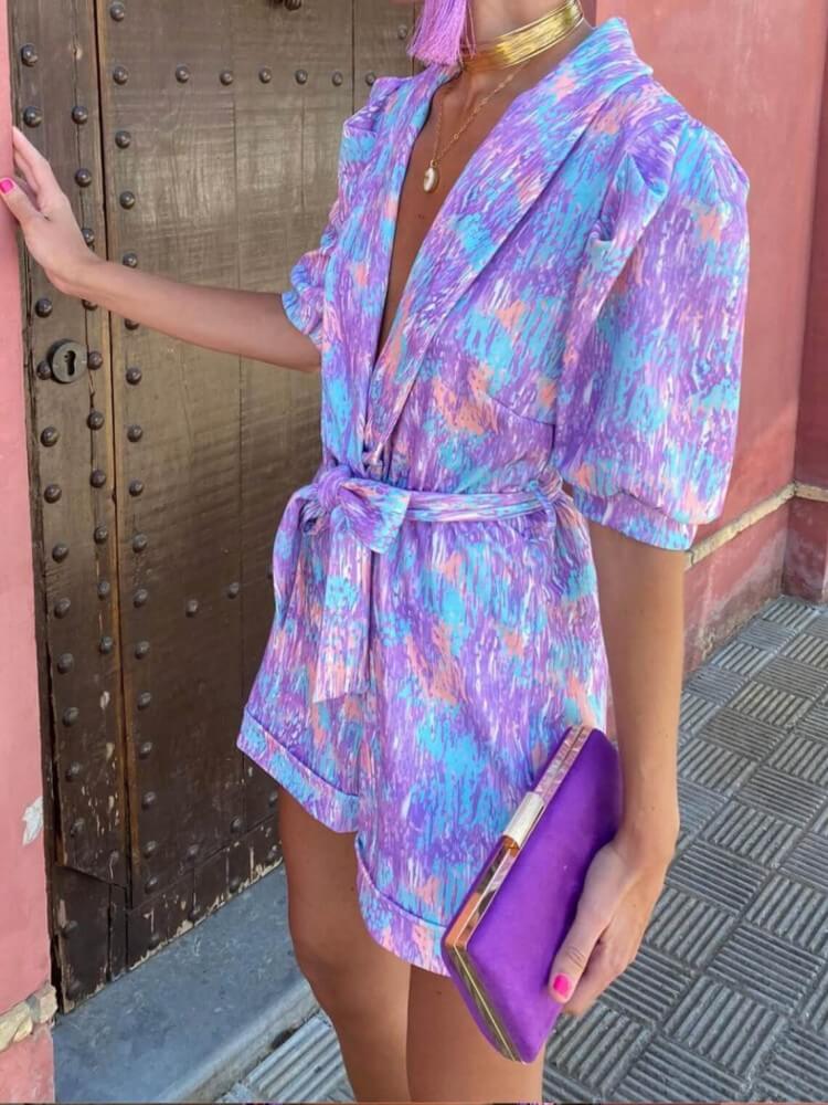 Candy Floral Puff Sleeves Romper σε Μωβ