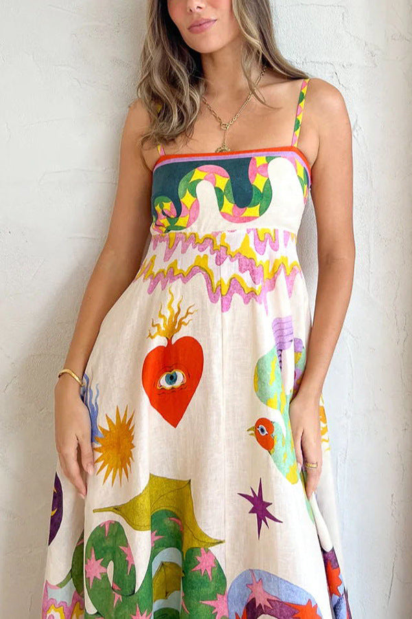 Linnenmix Midi-jurk met unieke print, gesmokte achterkant en zakken