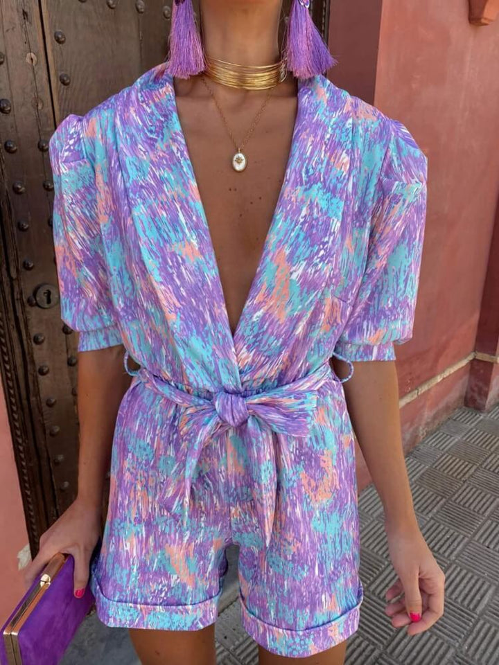 Candy Floral Puff Sleeves Romper I Lila