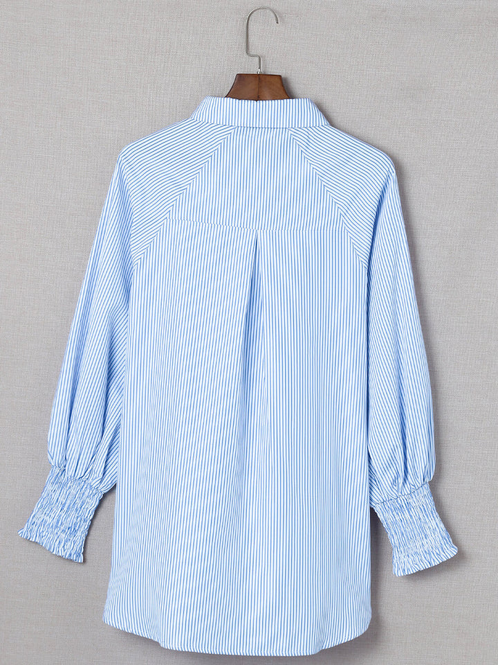 Sky Blue Smocked Cuffed Striped Boyfriend Shirt na may Pocket