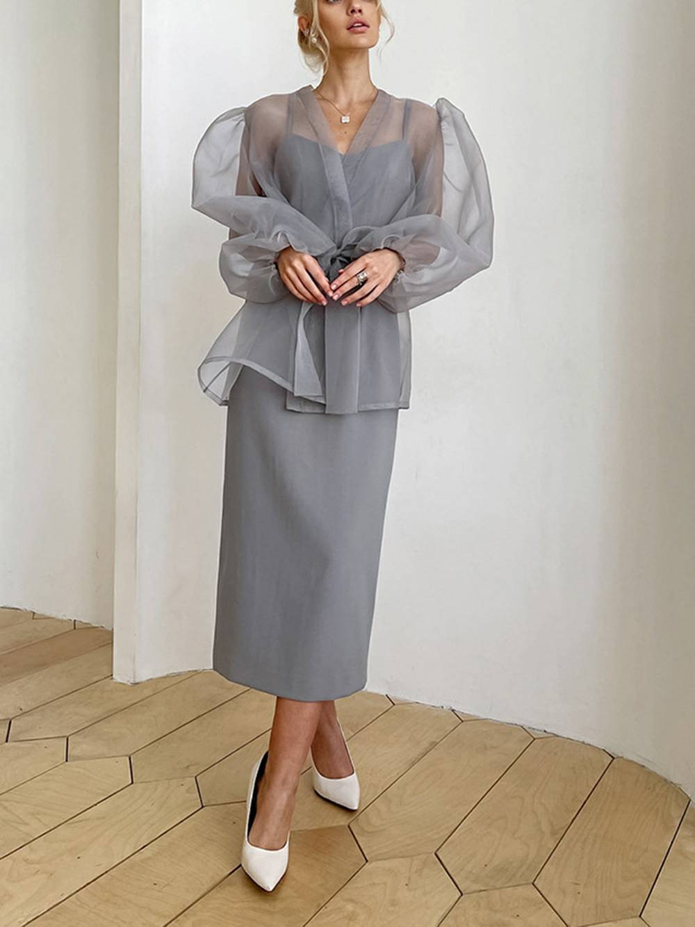 Sheer Sexy Top V Neck Long Puff Sleeves Bow Tie Chic Blouse