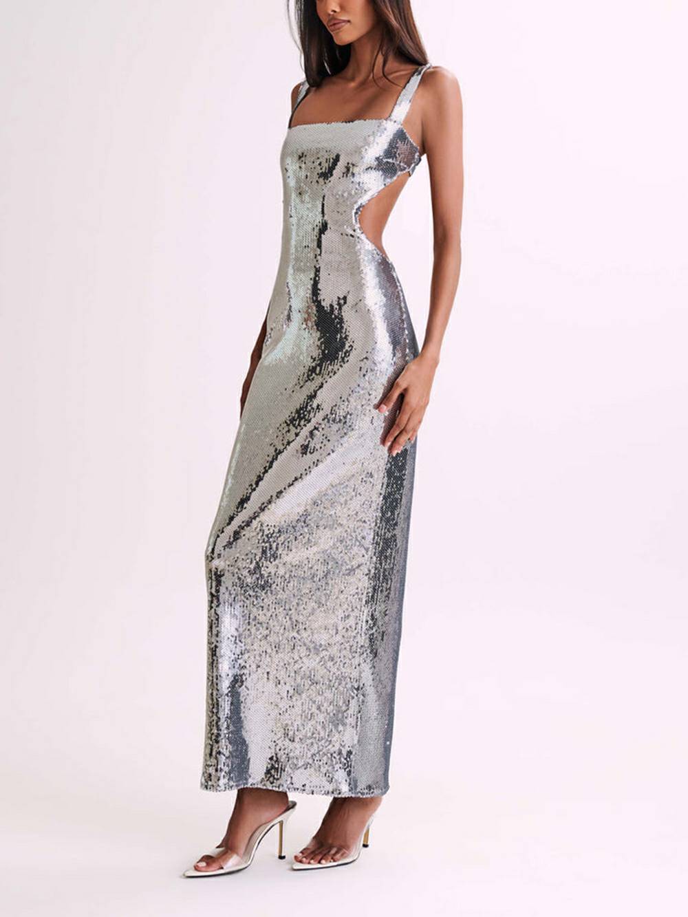 Maxikleid mit Paillettenausschnitt – Silber