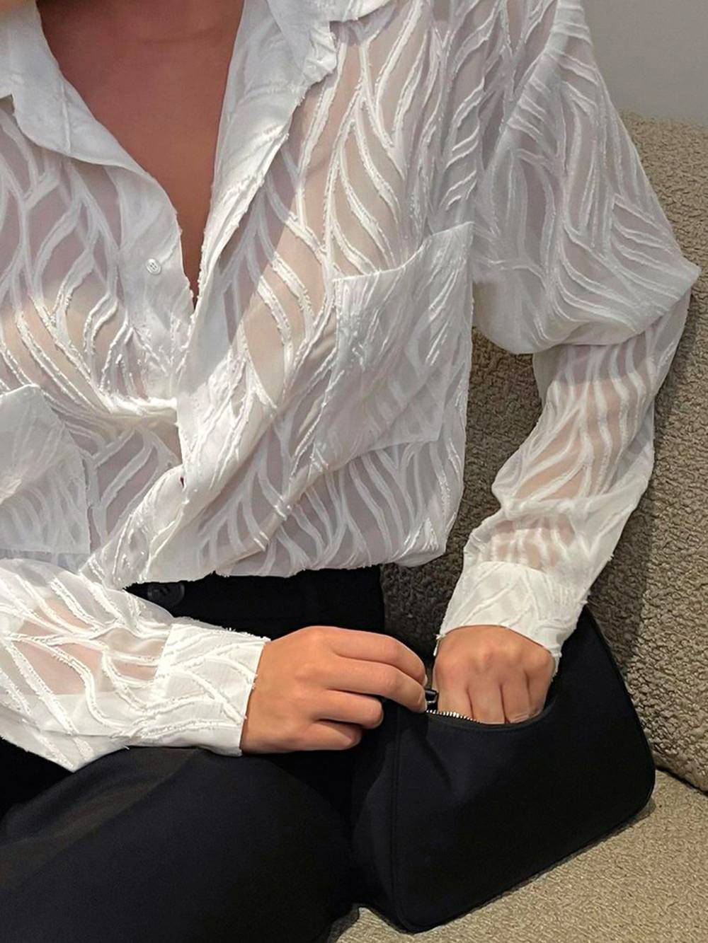 Mga White Women Blouse na Manipis na Lapel Elegant Long Sleeve Shirt