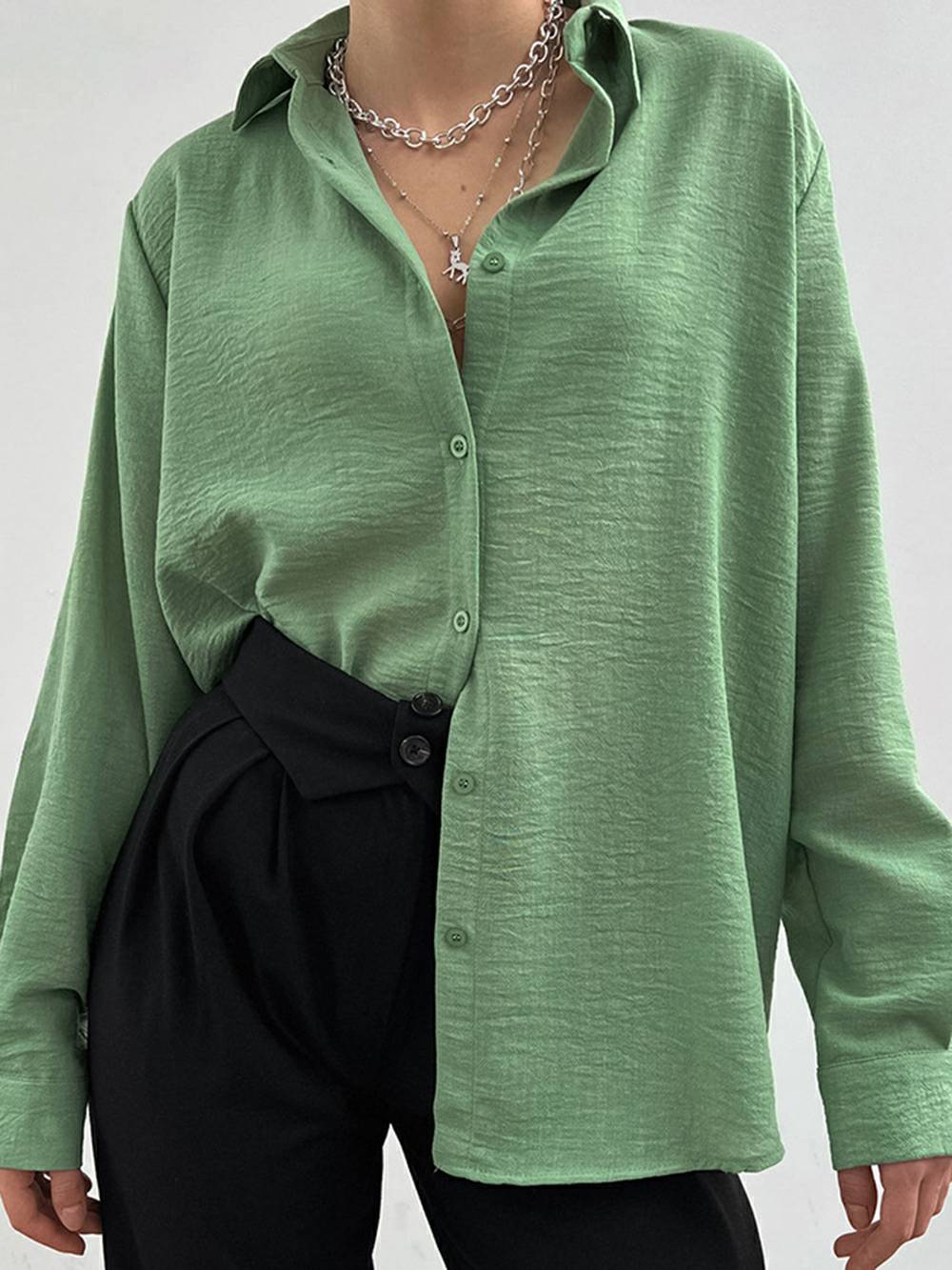 Camisa de manga larga informal de gama alta con cuello de solapa y un solo pecho para mujer