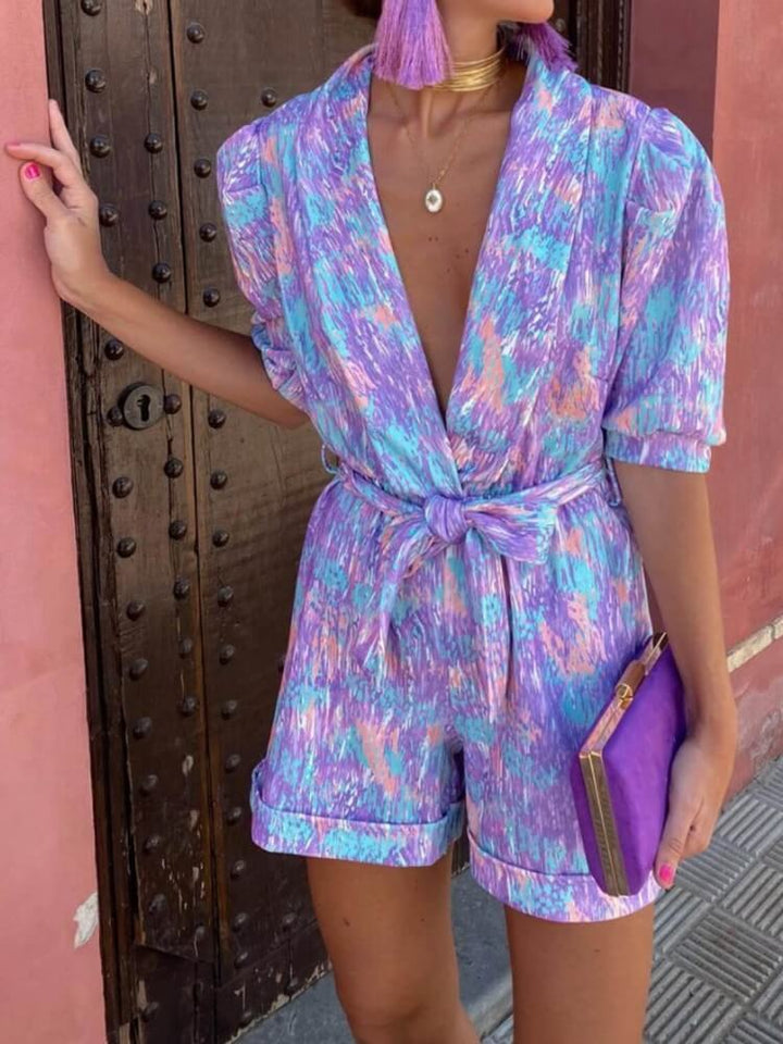 Candy Floral Puff Sleeves Romper σε Μωβ